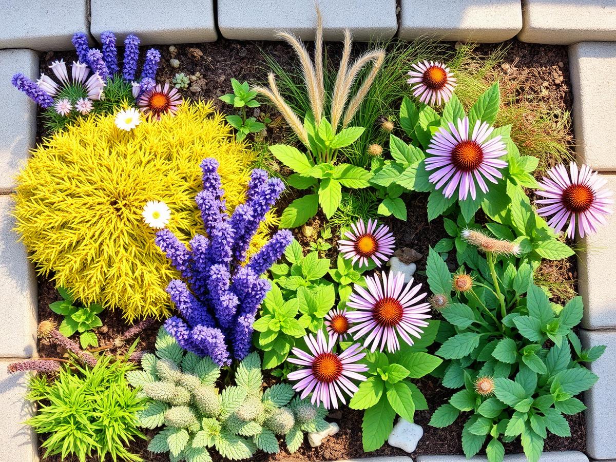 Top-down view of a sensory garden bed with textured plants