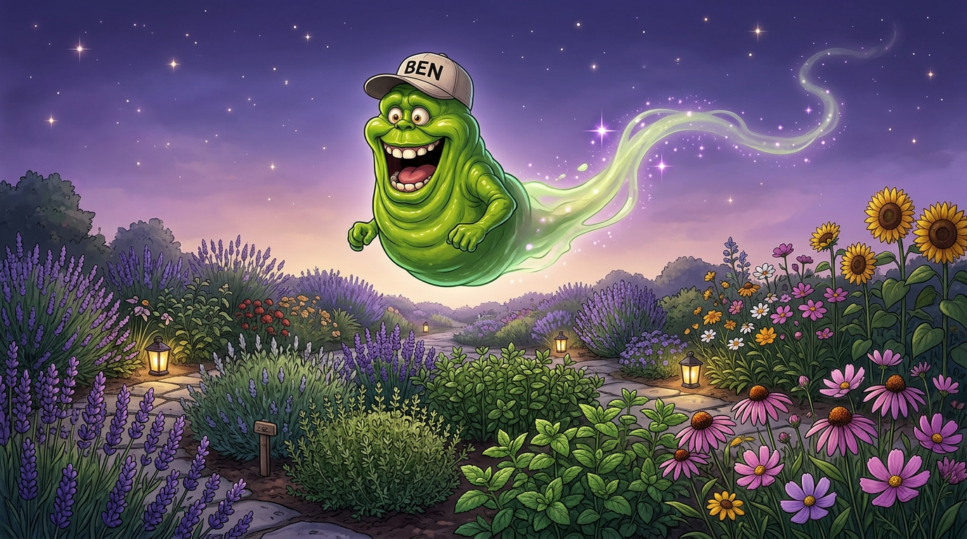 Slimer floating over a sensory garden at dusk